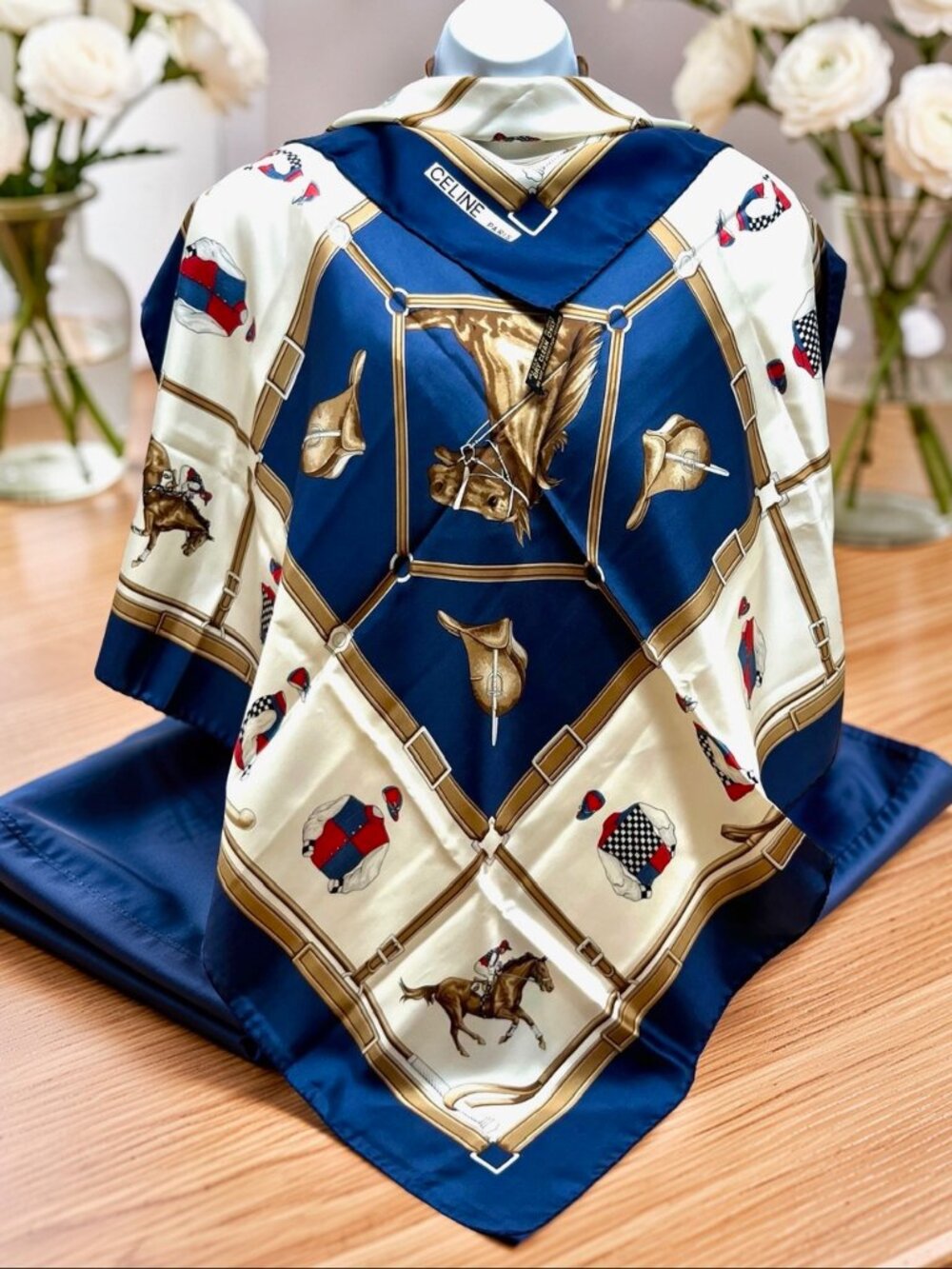 Italy Made CELINE Paris  Silk Satin Scarf 34"  Ivery Blue Polo Horse Race  (23